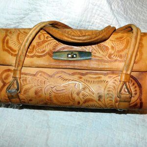 Vintage Tan Saddle Leather Handbag Hand Tooled